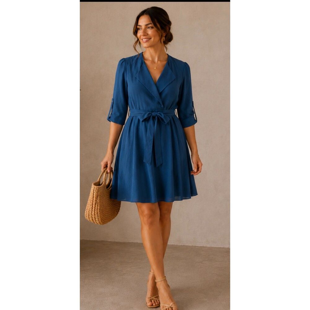Maude Womens Size L Blue Mini Dress Faux Wrap Roll Tab Sleeves Lined Flowy U3